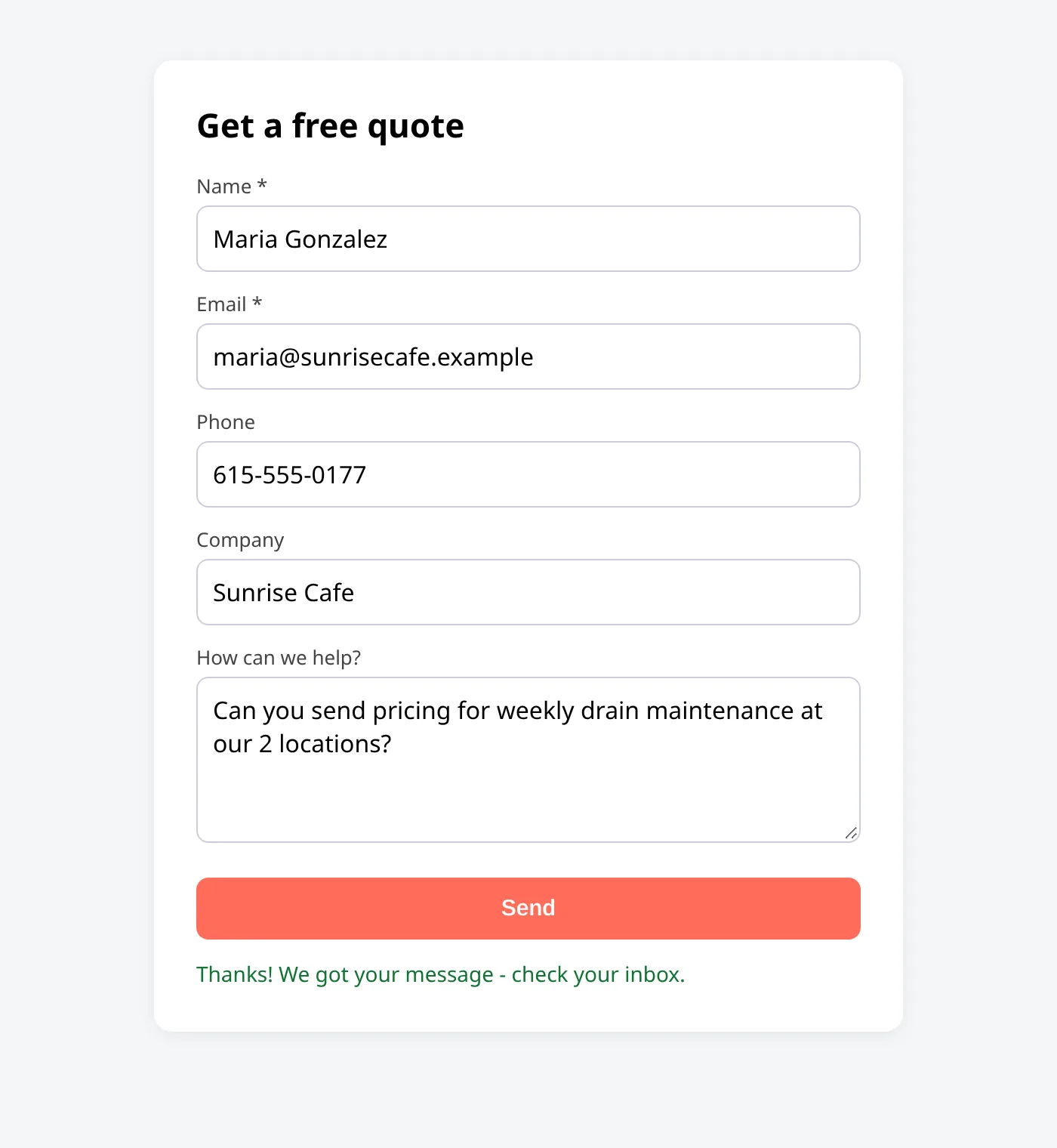 Sample website quote form filled in by a test lead