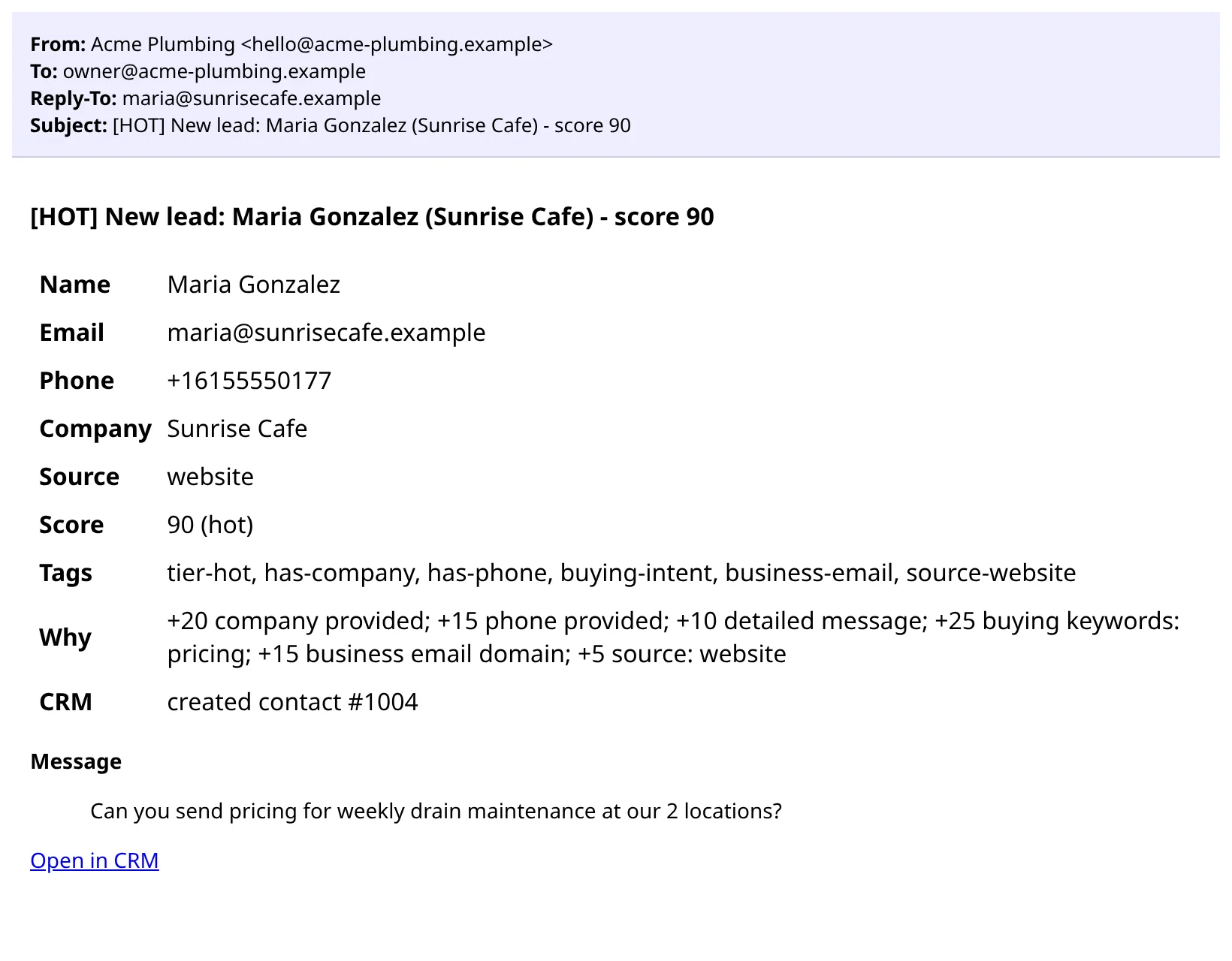 Owner alert email for a hot lead with score and reasons